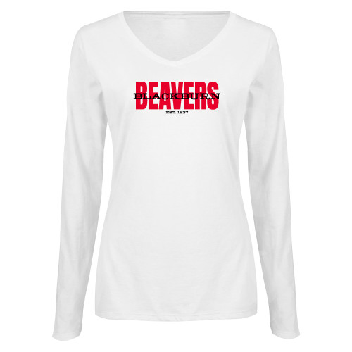  Womens White Long Sleeve V Neck Tee  - Beavers with Blackburn Overlay