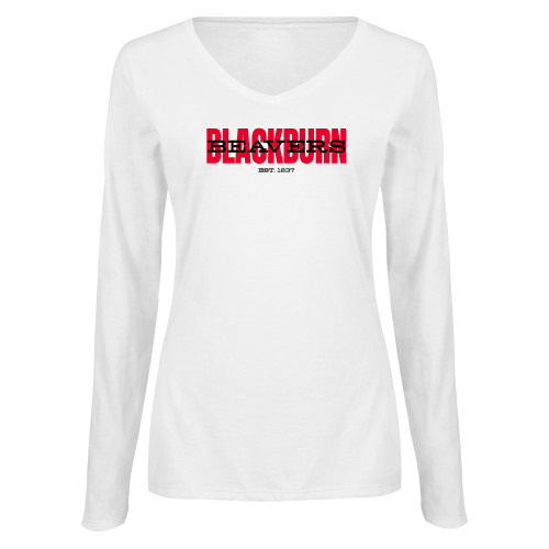  Womens White Long Sleeve V Neck Tee  - Blackburn with Beavers Overlay