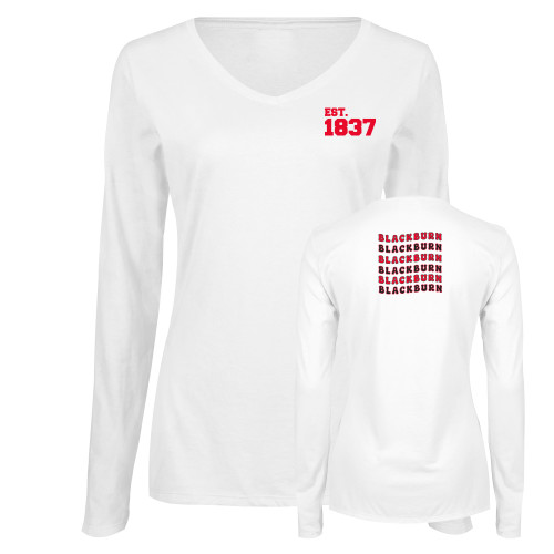  Womens White Long Sleeve V Neck Tee  - Blackburn Vintage Wave