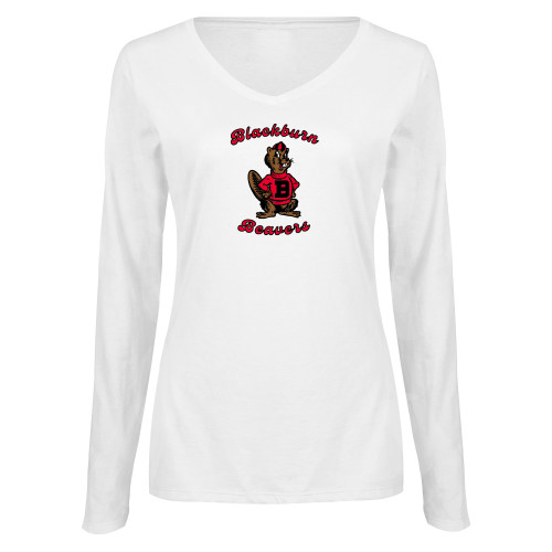  Womens White Long Sleeve V Neck Tee  - Blackburn Beavers Script with Barney