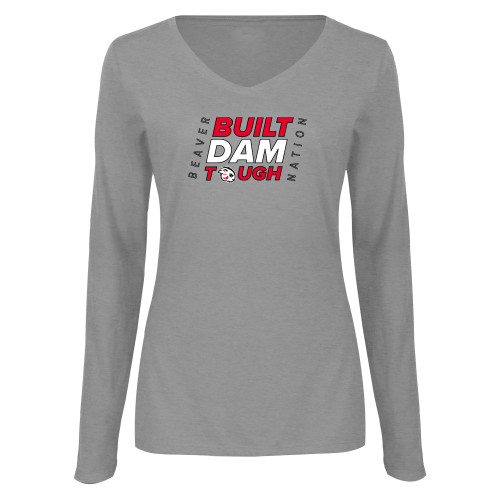  Womens Grey Long Sleeve V Neck Tee  - Built Dam Tough