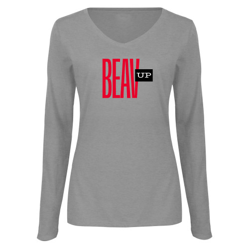  Womens Grey Long Sleeve V Neck Tee  - Beav Up