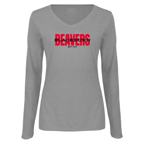 Womens Grey Long Sleeve V Neck Tee  - Beavers with Blackburn Overlay