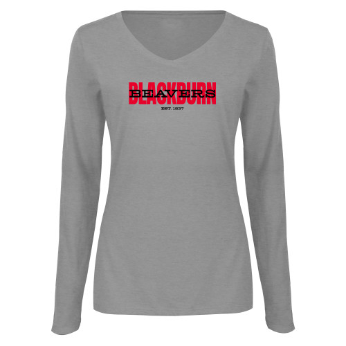  Womens Grey Long Sleeve V Neck Tee  - Blackburn with Beavers Overlay