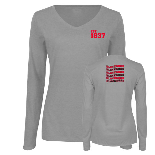  Womens Grey Long Sleeve V Neck Tee  - Blackburn Vintage Wave