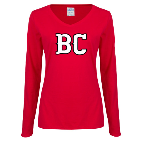  Womens Red Long Sleeve V Neck Tee - BC