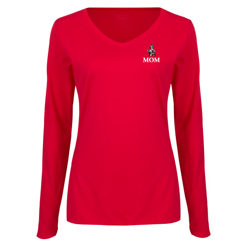  Womens Red Long Sleeve V Neck Tee - Mom with Barney