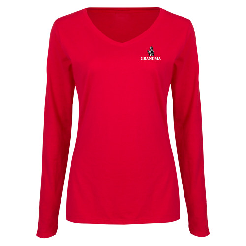 Womens Red Long Sleeve V Neck Tee - Grandma with Barney