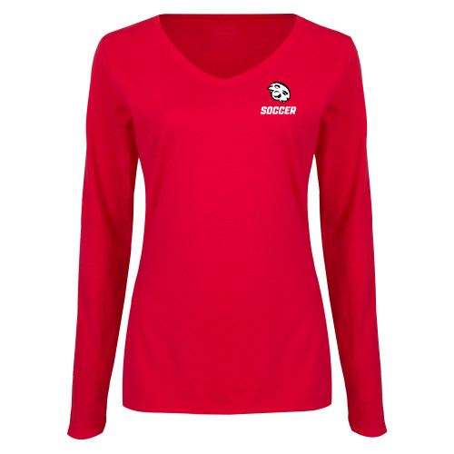  Womens Red Long Sleeve V Neck Tee - Soccer