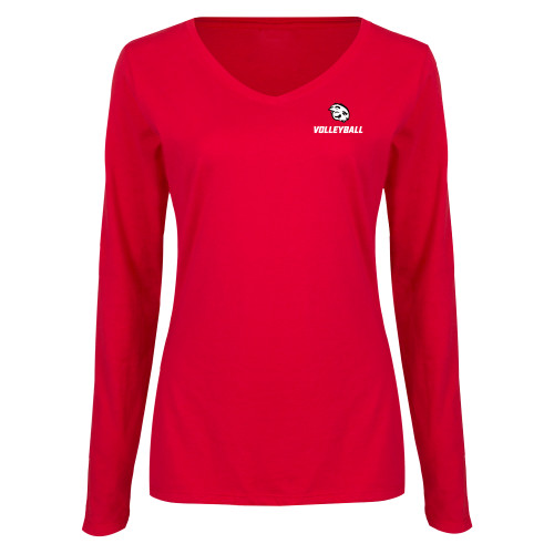  Womens Red Long Sleeve V Neck Tee - Volleyball