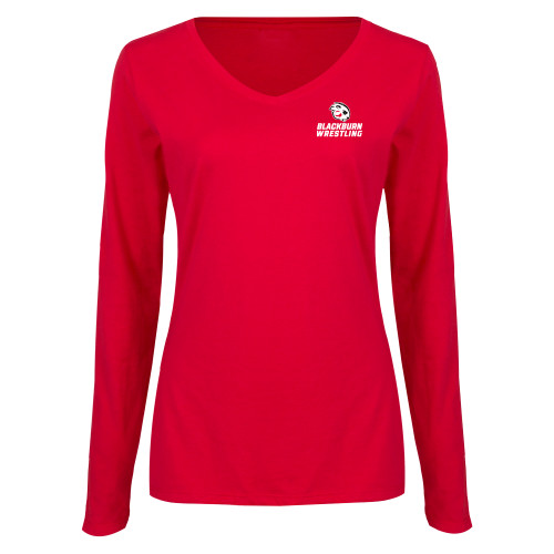  Womens Red Long Sleeve V Neck Tee - Blackburn Wrestling