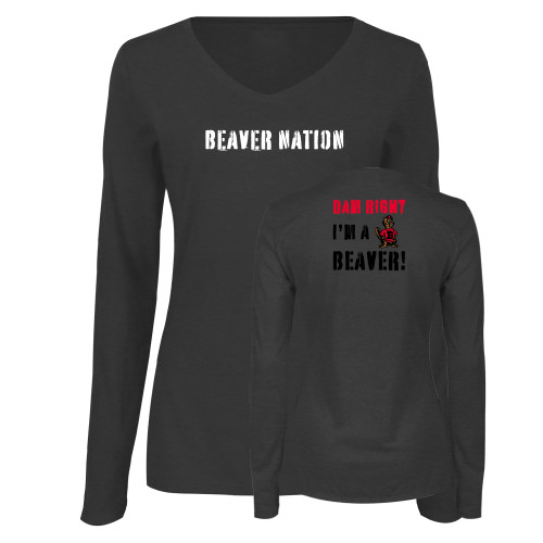  Womens Dark Heather Long Sleeve V Neck Tee  - Beaver Nation Stencil