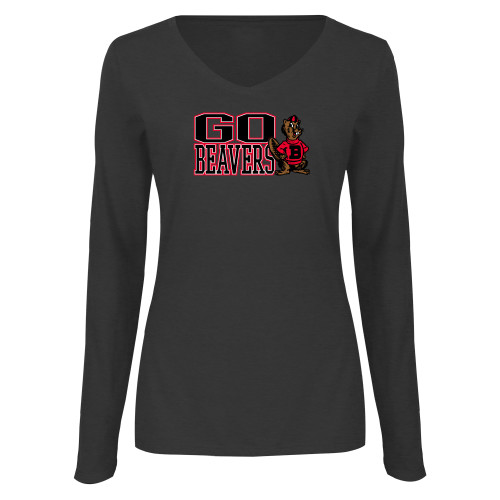  Womens Dark Heather Long Sleeve V Neck Tee  - Go Beavers