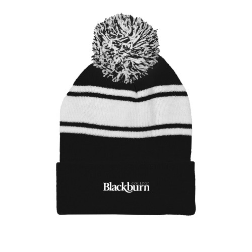  Black/White Two Tone Knit Pom Beanie w/Cuff - Blackburn College