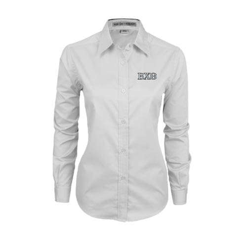 Womens White Twill Button Down Long Sleeve-Greek Letters