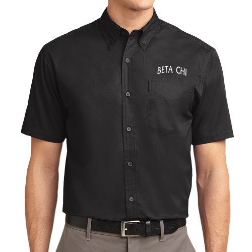 Black Twill Button Down Short Sleeve-Beta Chi Arched