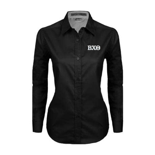 Womens Black Twill Button Down Long Sleeve -Greek Letters