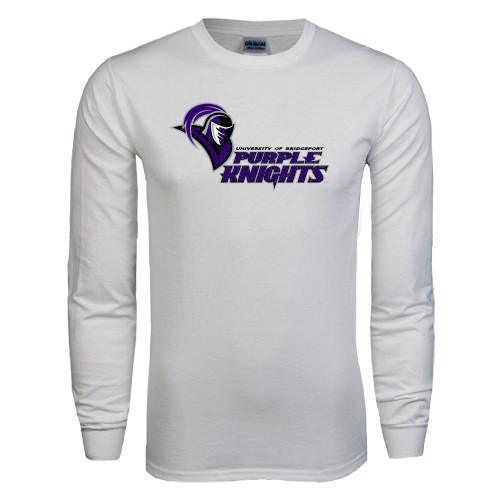  White Long Sleeve T Shirt - Purple Knights Stacked w/ Knight Head