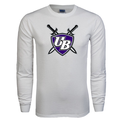  White Long Sleeve T Shirt - UB Shield w/ Swords