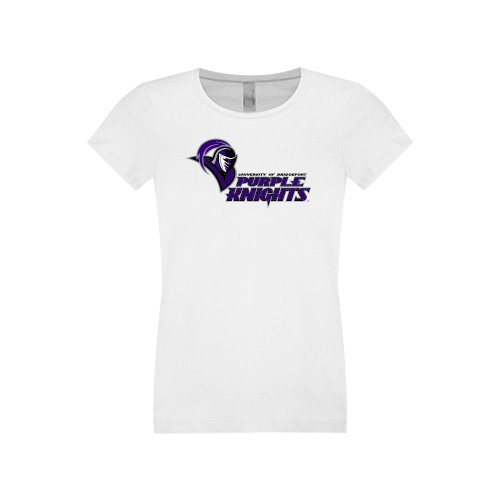  Next Level Girls White Fashion Fit T Shirt - Purple Knights Stacked w/ Knight Head