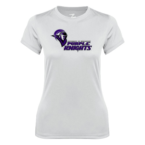  Womens White Performance Tee - Purple Knights Stacked w/ Knight Head