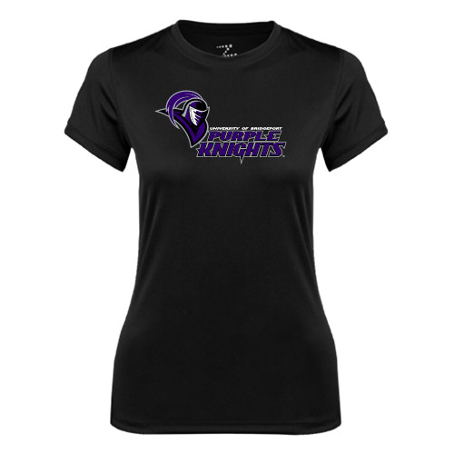 Womens Black Performance Tee - Purple Knights Stacked w/ Knight Head