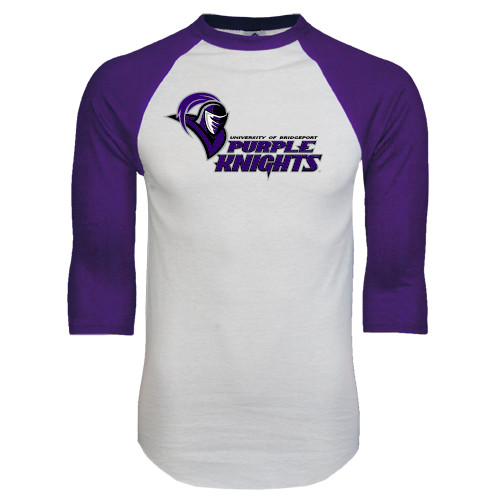  White/Purple Raglan Baseball T Shirt - Purple Knights Stacked w/ Knight Head