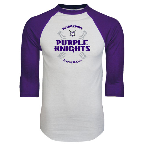  White/Purple Raglan Baseball T Shirt - Baseball Ball Design