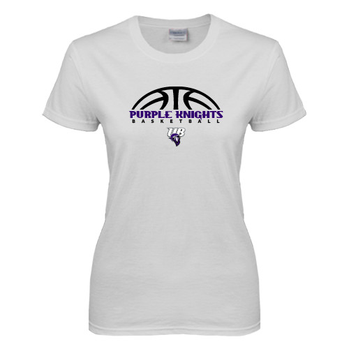  Womens White Short Sleeve Tee - Basketball Half Ball Design