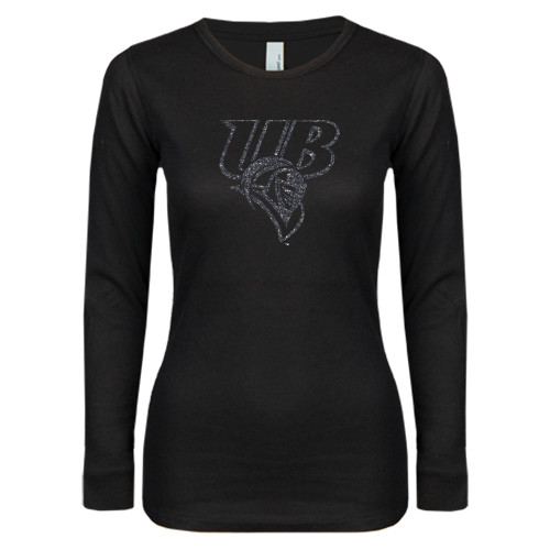  Womens Black Long Sleeve V Neck Tee  - Primary Mark Glitter