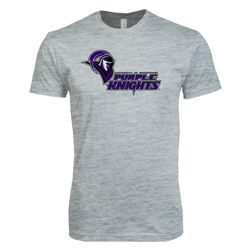  Next Level Heather Grey SoftStyle T Shirt - Purple Knights Stacked w/ Knight Head