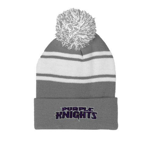  Grey/White Two Tone Knit Pom Beanie w/Cuff - Purple Knights