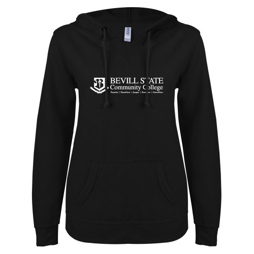  ENZA Womens Black V Notch Raw Edge Fleece Hoodie - Instituional Mark