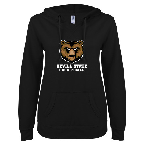  ENZA Womens Black V Notch Raw Edge Fleece Hoodie - Basketball