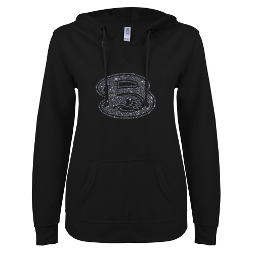  ENZA Womens Black V Notch Raw Edge Fleece Hoodie - F Graphite Soft Glitter