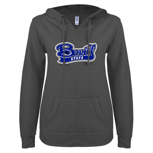  ENZA Womens Dark Heather V Notch Raw Edge Fleece Hoodie - Bevill State