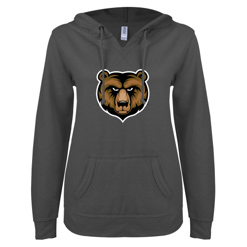  ENZA Womens Dark Heather V Notch Raw Edge Fleece Hoodie - Bear