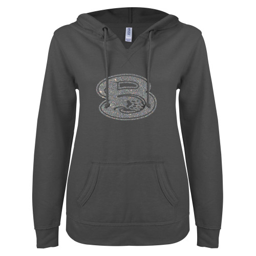  ENZA Womens Dark Heather V Notch Raw Edge Fleece Hoodie - A Silver Soft Glitter