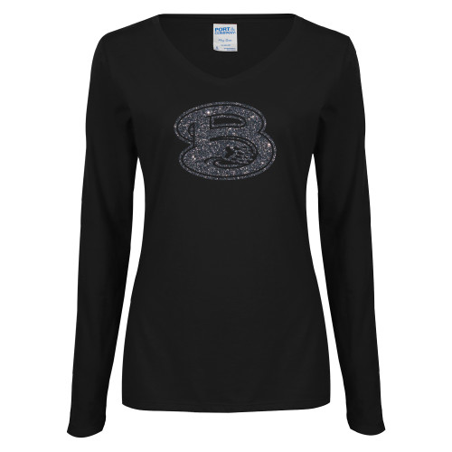  Womens Black Long Sleeve V Neck Tee  - F Graphite Soft Glitter
