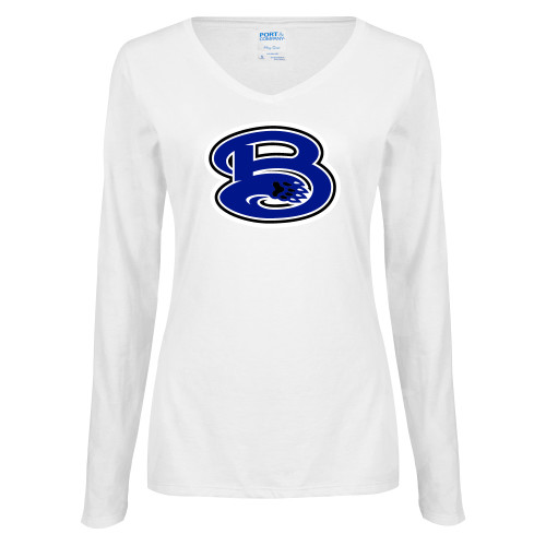  Womens White Long Sleeve V Neck Tee - B