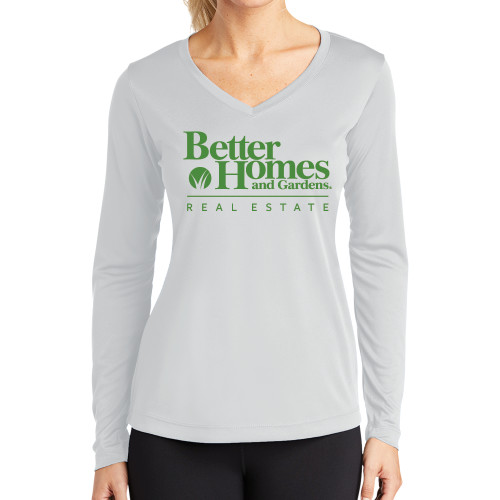 Womens White Performance Long Sleeve V Neck Shirt-Core Logo