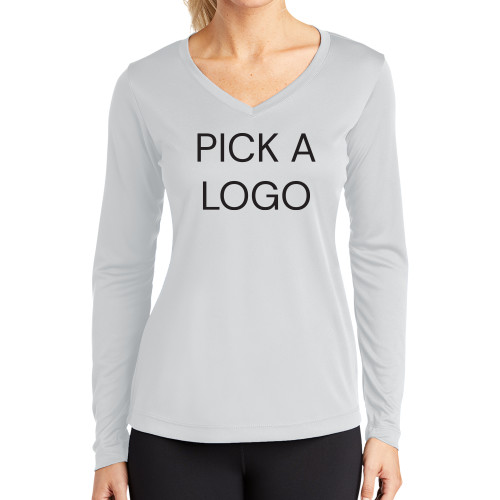 Womens White Performance Long Sleeve V Neck Shirt-Blank for M Tools Setup