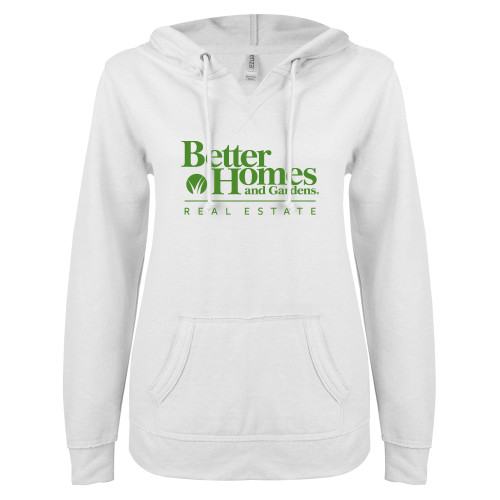 ENZA Womens White V Notch Raw Edge Fleece Hoodie-Core Logo