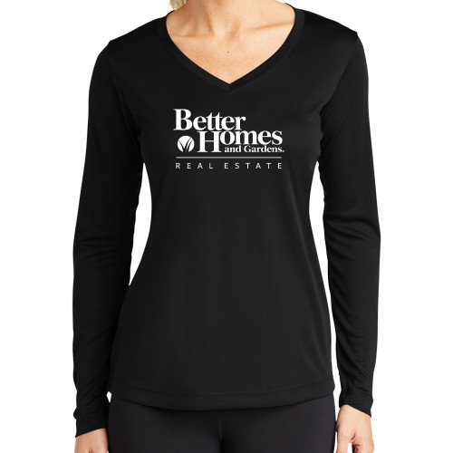 Womens Black Performance Long Sleeve V Neck Shirt-Core Logo