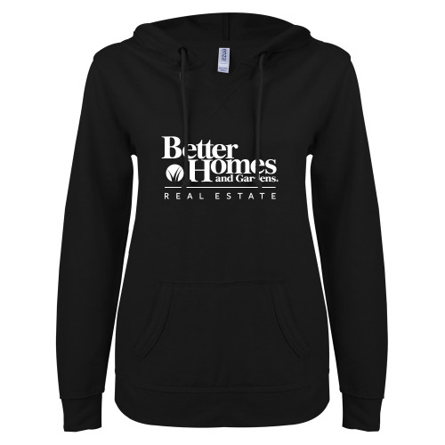 ENZA Womens Black V Notch Raw Edge Fleece Hoodie-Core Logo