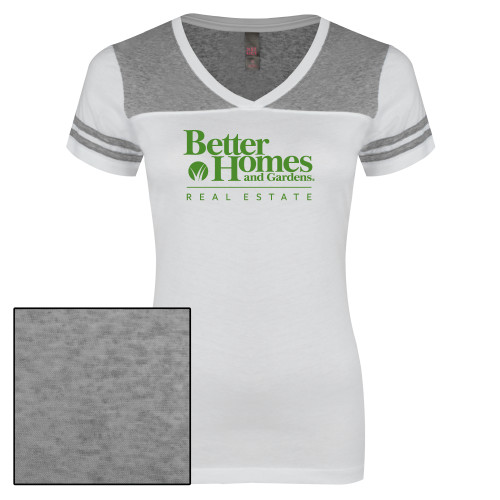 Womens White/Heather Grey Varsity V Neck Tee -Core Logo