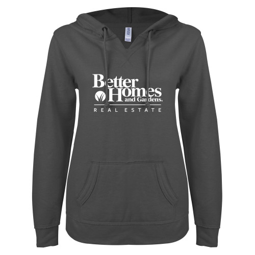 ENZA Womens Dark Heather V Notch Raw Edge Fleece Hoodie-Core Logo