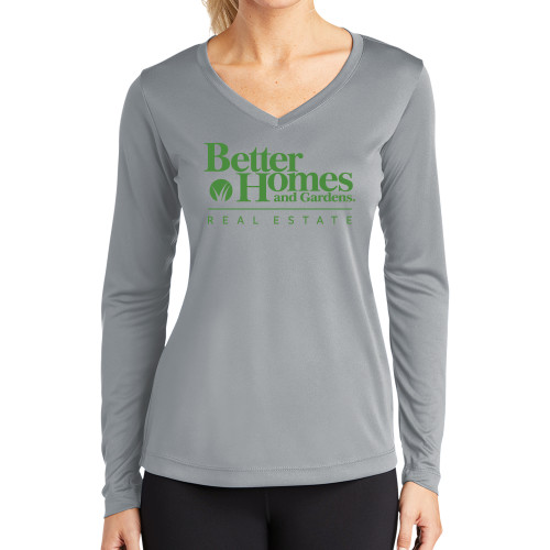 Womens Grey Performance Long Sleeve V Neck Shirt-Core Logo