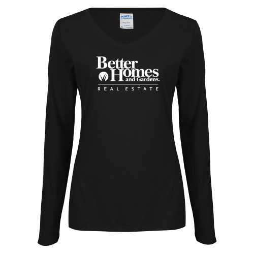 Womens Black Long Sleeve V Neck Tee -Core Logo