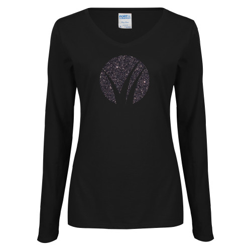 Womens Black Long Sleeve V Neck Tee -F Graphite Soft Glitter